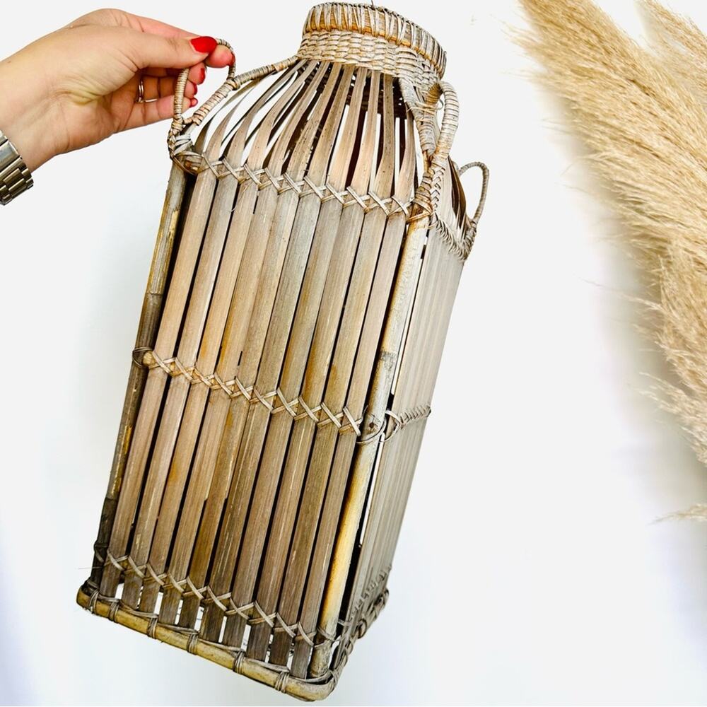 VINTAGE Brown Wood Wicker Woven Tall Basket Accent Decor Vase Handles Y2K 90s - Picture 1 of 8